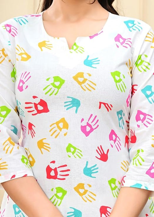 Women Holi Special Cotton Printed Short Kurti Top