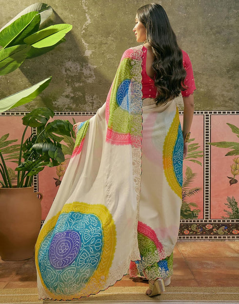 Vasthrlay Scalloped Embroidery Off-White Saree With Unstitched Blouse Piece