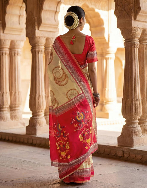 Vasthrlay Womens Printed Unstitched Off White Saree