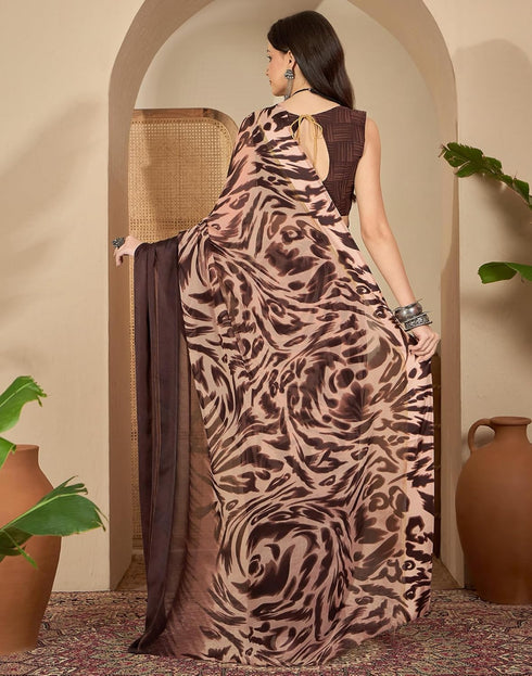 Vasthrlay Printed Georgette Unstitched Brown Saree
