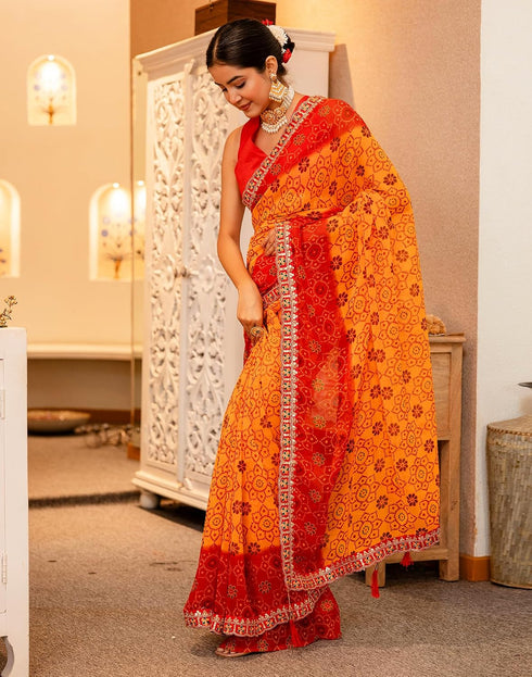 Vasthrlay Georgette Embroidery Yellow Saree With Unstitched Blouse Piece