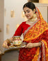 Vasthrlay Georgette Embroidery Red And Yellow Saree With Red Unstitched Blouse Piece