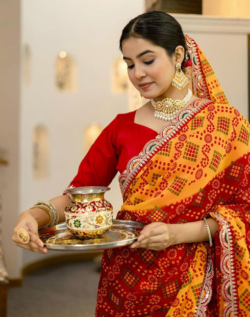 Vasthrlay Georgette Embroidery Unstitched Yellow Saree