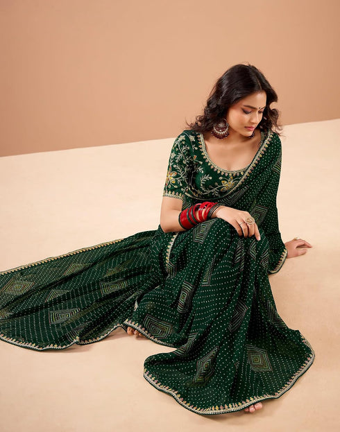Vasthrlay Georgette Printed Embroidery Bottle Green Lace Saree With Unstitched Blouse Piece