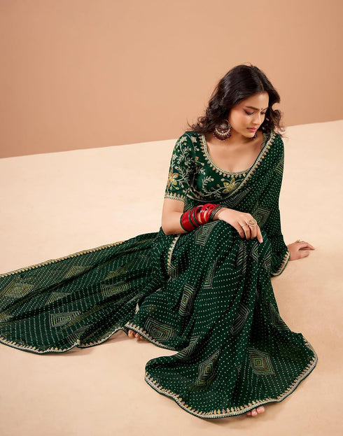 Vasthrlay Georgette Embroidery Unstitched Dark Green Saree