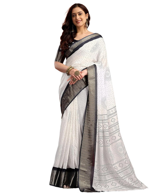 Vasthrlay Womens Printed Unstitched White Saree