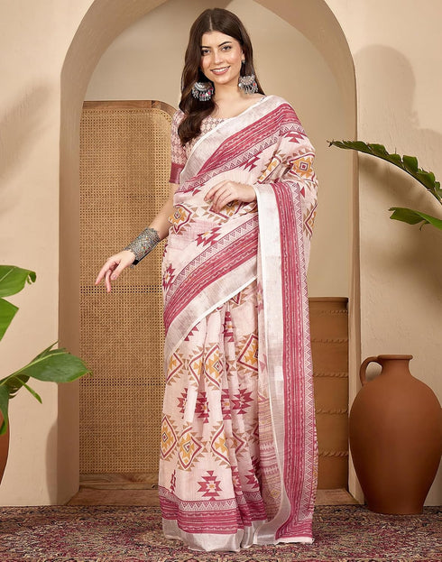 Vasthrlay Womens Printed Pink Saree With Unstitched Blouse Piece