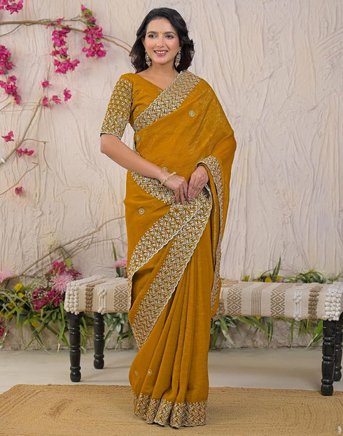 Vasthrlay Embroidery Scalloped Mustard Saree With Unstitched Blouse Piece