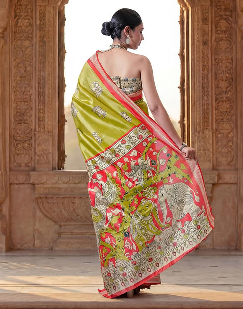 Vasthrlay Banglori Printed Lime Green | Red Saree With Unstitched Blouse Piece