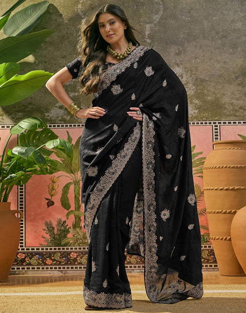 Vasthrlay Scalloped Embroidery Unstitched Maroon Saree