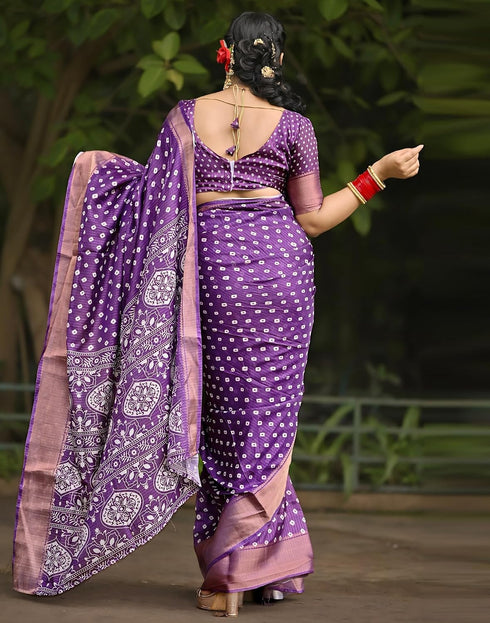 Vasthrlay Womens Printed Purple Saree With Unstitched Blouse Piece