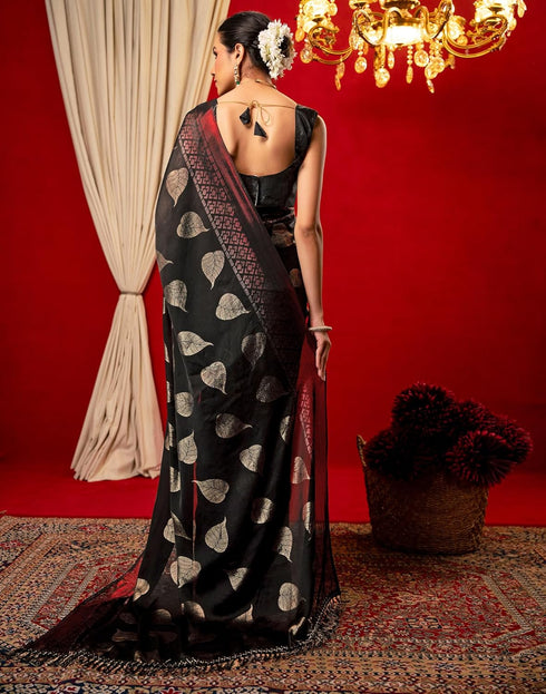 Vasthrlay Chiffon Printed Unstitched Black Saree
