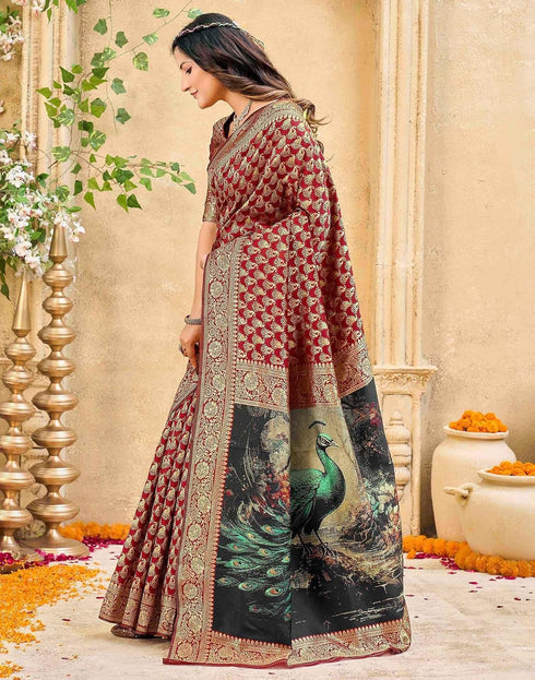 Vasthrlay Womens Weaving Maroon | Gold Saree With Unstitched Blouse Piece