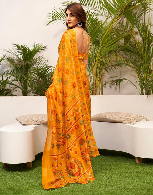 Vasthrlay Womens Printed Yellow Saree With Unstitched Blouse Piece