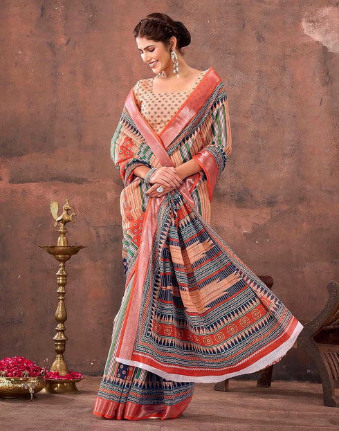 Vasthrlay Special Printed Multicolor Saree With Unstitched Blouse Piece