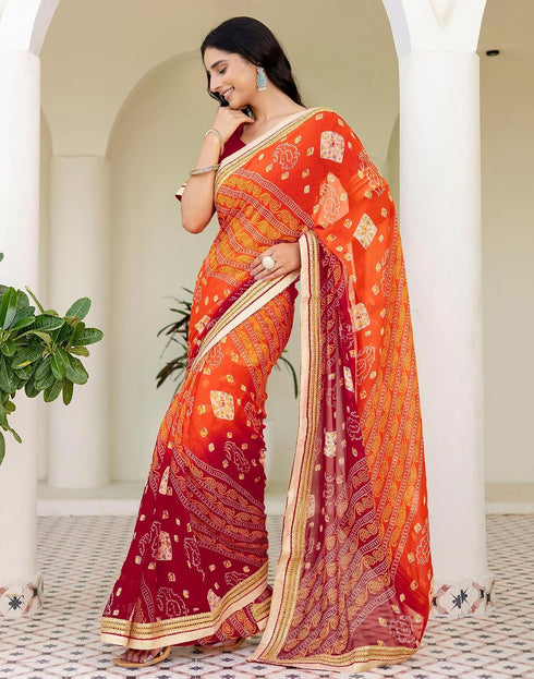 Vasthrlay Georgette Red Saree With Unstitched Blouse Piece