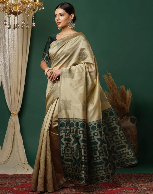 Vasthrlay Banarasi Jacquard Unstitched Teal Saree