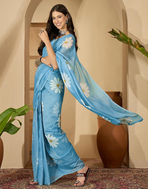 Vasthrlay Georgette Printed Sky Blue Saree With Unstitched Blouse Piece