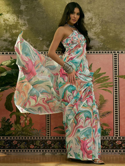 Vasthrlay Printed Off White Off White Saree