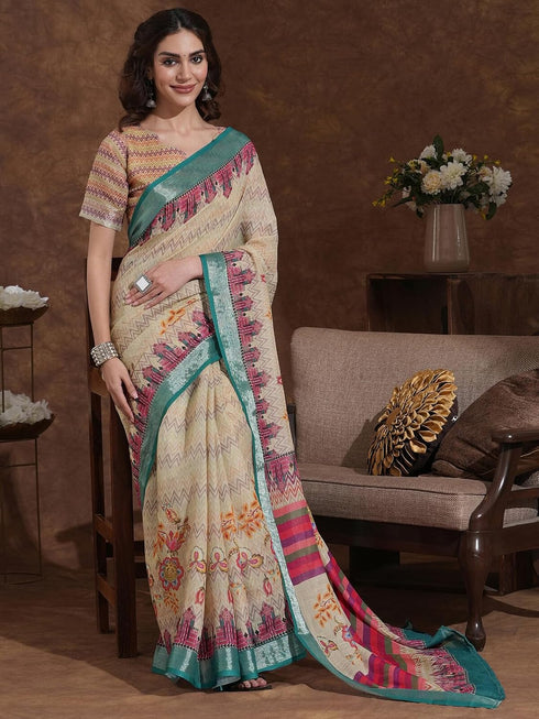 Vasthrlay Weaving Printed Beige Saree