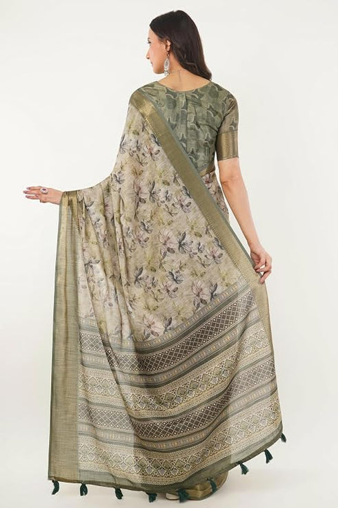 Vasthrlay Sage Green Patchwork Print Polyester Saree With Zari Border And Unstitched Blouse Piece