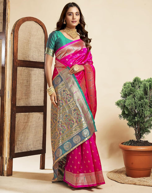 Vasthrlay Paithani Jacquard Unstitched Pink Saree