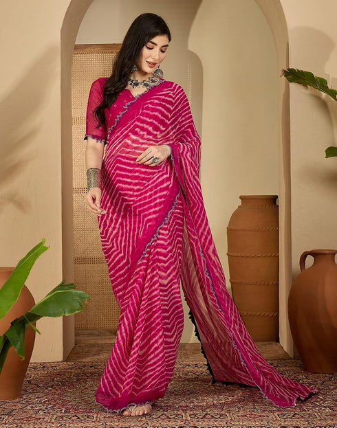 Vasthrlay Georgette Embroidery Pink Saree With Unstitched Blouse Piece