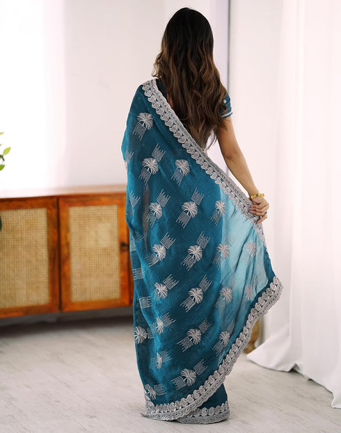 Vasthrlay Scalloped Embroidery Unstitched Lime Green Saree