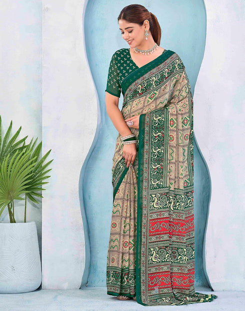 Vasthrlay Georgette Bandhani Blouse Piece Green Saree With Unstitched Blouse Piece