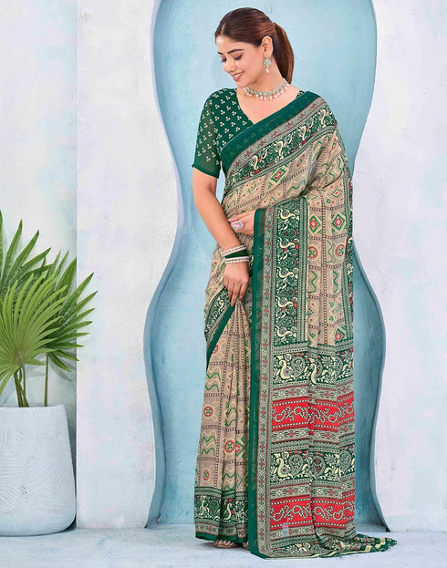 Vasthrlay Georgette Bandhani Unstitched Teal Saree