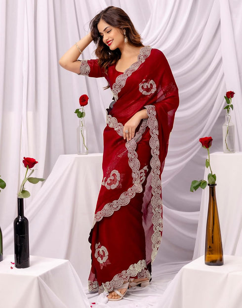Vasthrlay Chiffon Scalloped Unstitched Maroon Saree
