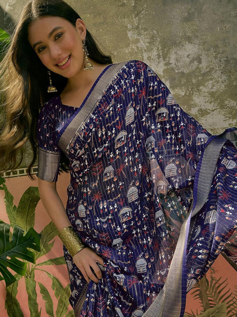 Vasthrlay Womens Printed Unstitched Navy Blue Saree