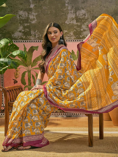 Vasthrlay Printed Yellow Saree
