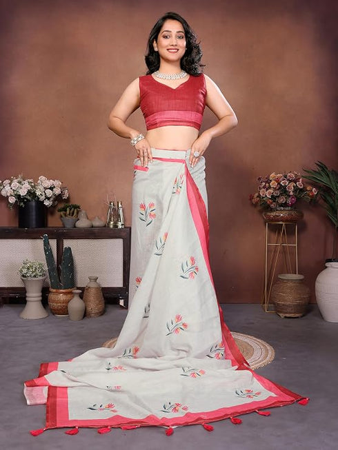 Vasthrlay Off White Womens Linen Ready To Wear Saree