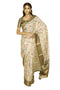 Vasthrlay Off White Textured Polyester Saree With Kalamkari Floral Panel| Zari Border And Unstitched Blouse Piece