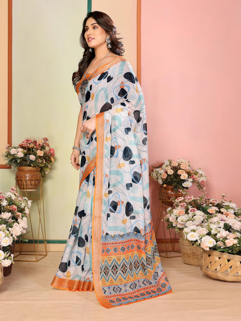 Vasthrlay Brown Printed Unstitched Saree