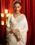 Vasthrlay Jacquard Kanjivaram White Saree With Unstitched Blouse Piece