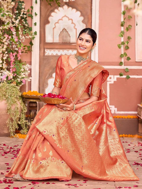 Vasthrlay Womens Weaving Peach Saree With Unstitched Blouse Piece