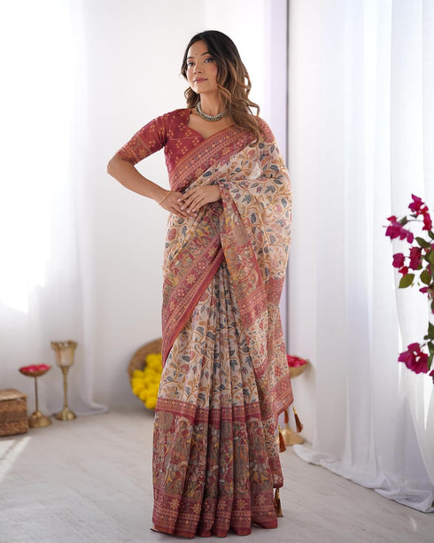 Vasthrlay Beige Blue Traditional Multicolour Saree
