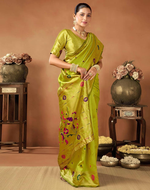 Vasthrlay Womens Paithani Unstitched Dark Green Saree