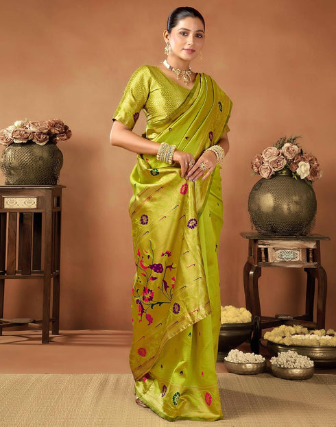 Vasthrlay Womens Paithani Lime Green Saree With Unstitched Blouse Piece