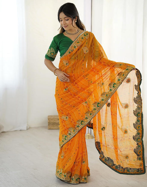Vasthrlay Georgette Embroidery Red3 Saree With Unstitched Blouse Piece