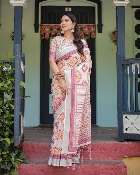 Vasthrlay Handwoven Printed Tasselled Saree