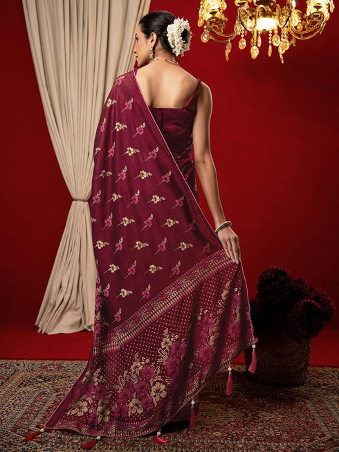 Vasthrlay Vichitra Printed Unstitched Maroon Saree