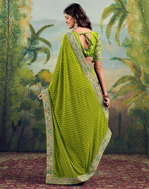 Vasthrlay Embroidery Traditional Light Green Saree With Unstitched Blouse Piece