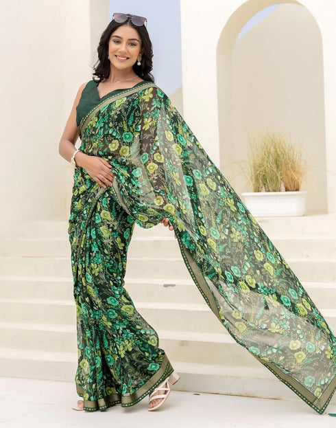 Vasthrlay Chiffon Tassels Unstitched Dark Green Saree