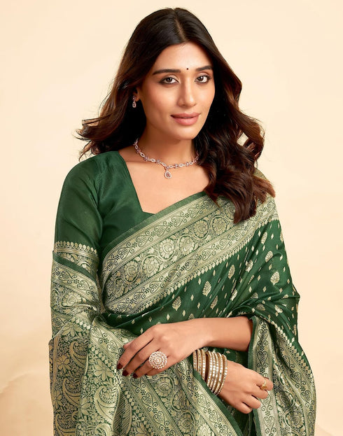 Vasthrlay Kanjivaram Banarasi Wedding Dark Green Saree With Unstitched Blouse Piece