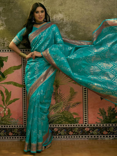 Vasthrlay Banarasi Weaving Unstitched Teal Saree