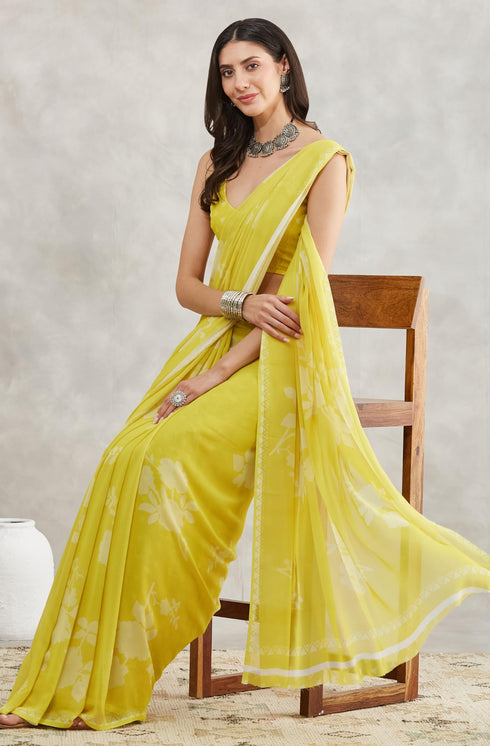 Vasthrlay Yellow Georgette Printed Saree