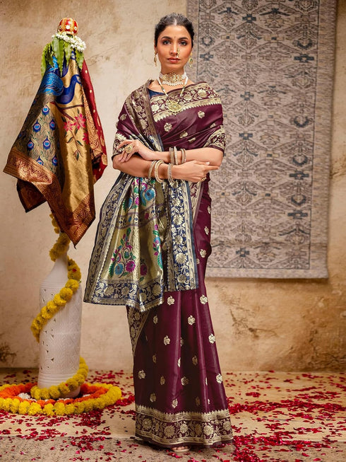 Vasthrlay Weaving Paithani Unstitched Maroon Saree